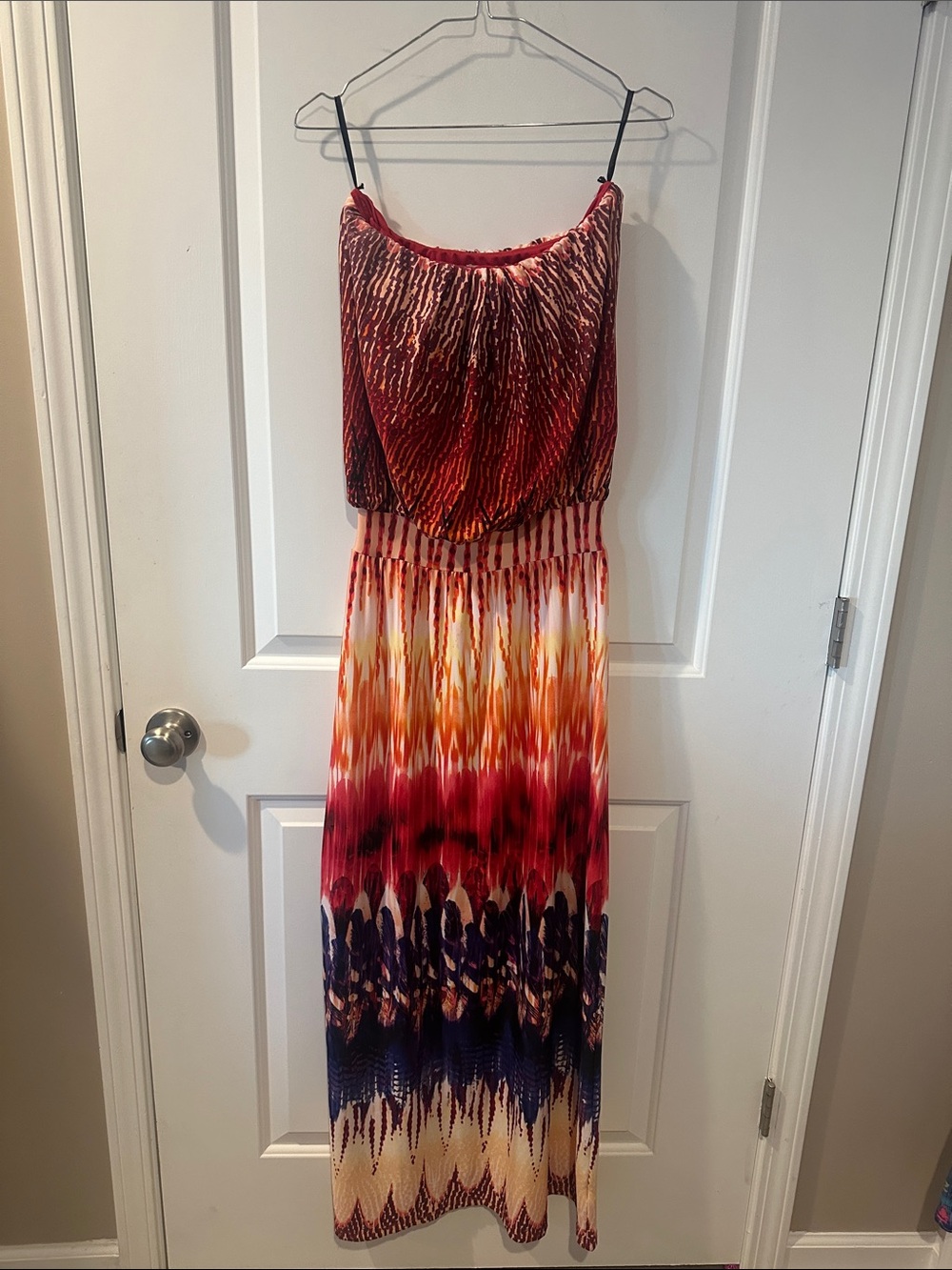 Arden B Strapless Maxi Dress in Red, Orange, Purple